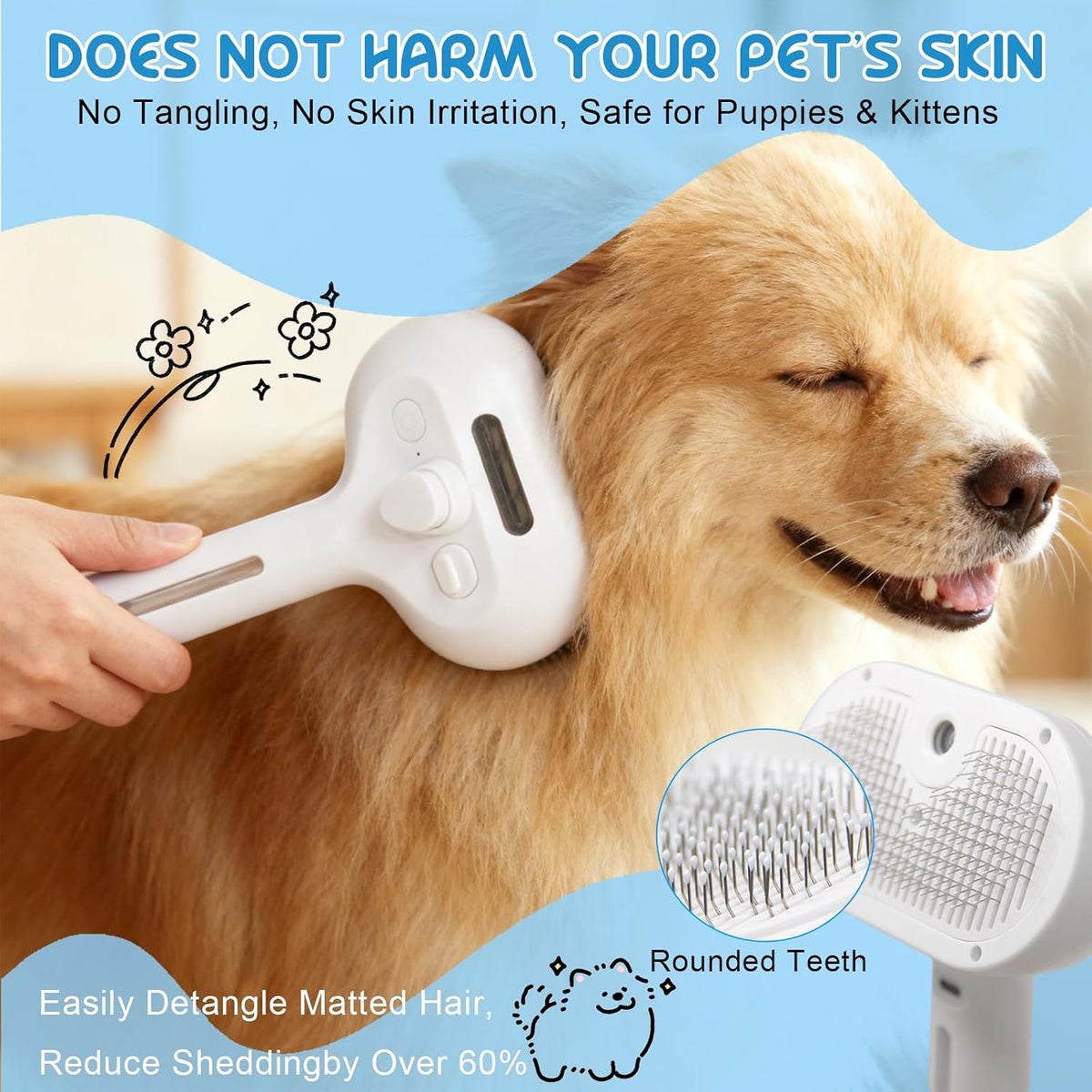 Pet Steam Brush for Cats & Dogs, Cool Mist Self-Cleaning Comb, White