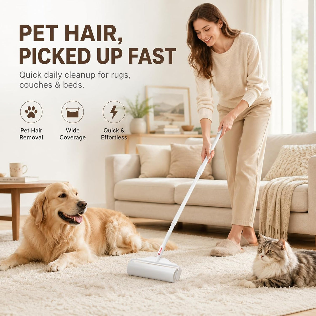 Large Lint Roller for Pet Hair, Long Handle, 6 Rolls, 600 Sheets