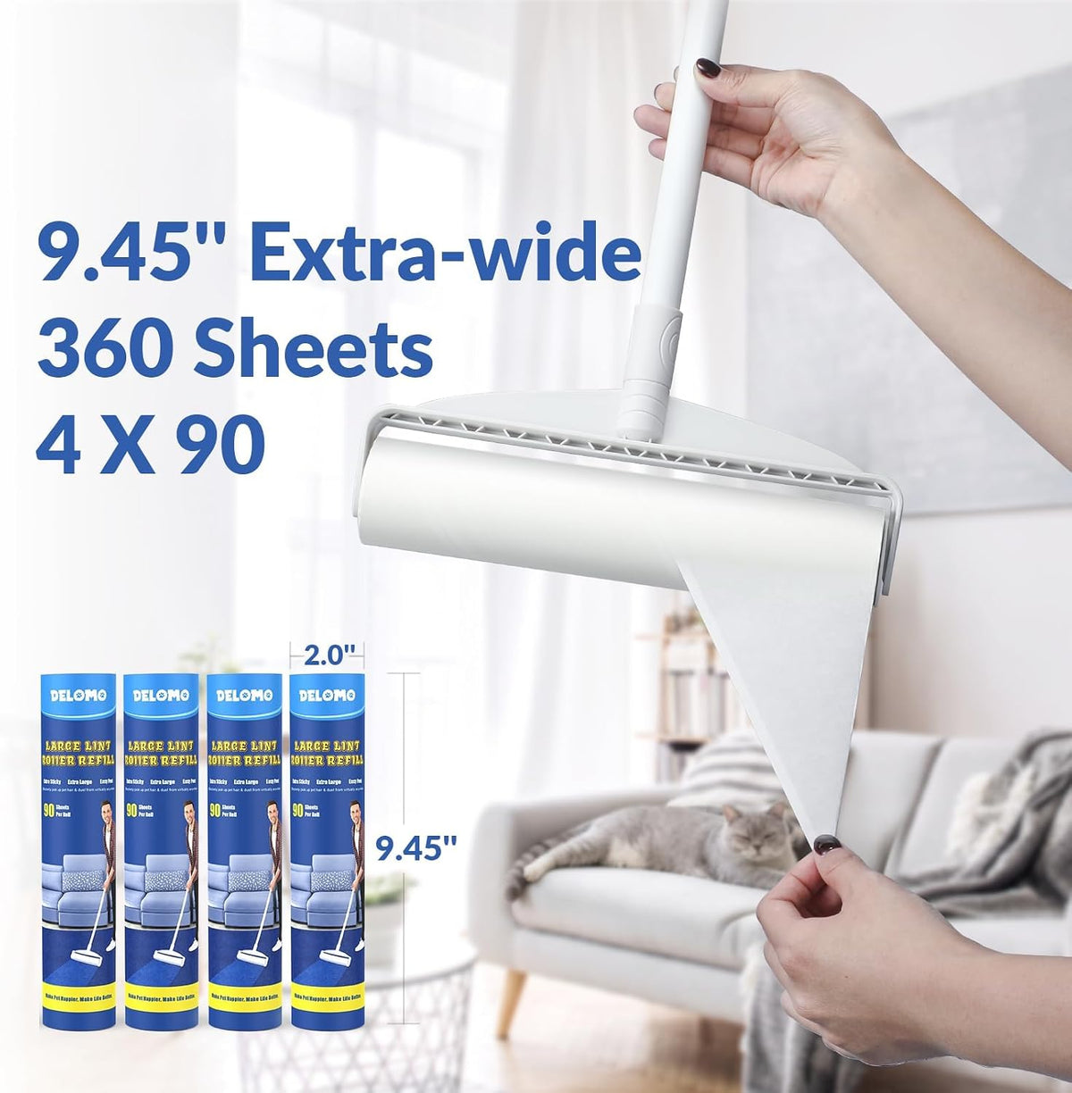 DELOMO 9.45” Large Lint Roller for Pet Hair, Long Handle for Floor & Carpet