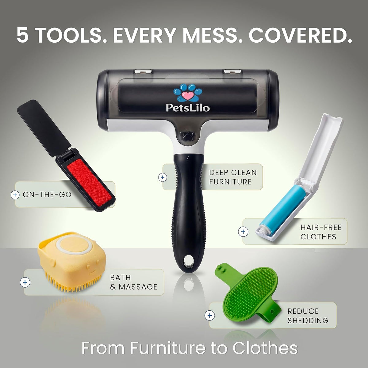 5-in-1 Kit Pet Hair Remover for Furniture & Couch - Reusable Lint Roller, Dog & Cat Fur Remover for Carpet, Car & Clothes, Mini Travel Roller, Grooming & Bath Brush Set for Sofa, Upholstery & Bedding