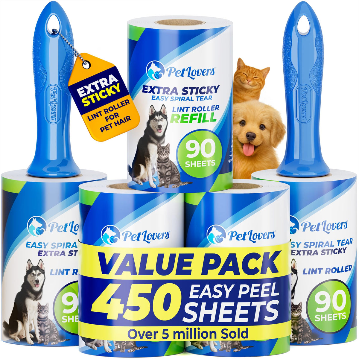 PetLovers Extra Sticky Lint Roller Value Set 270 Sheets for Pet Hair Removal and Clothes, Dog and Cat Lint Remover, 3 Pack