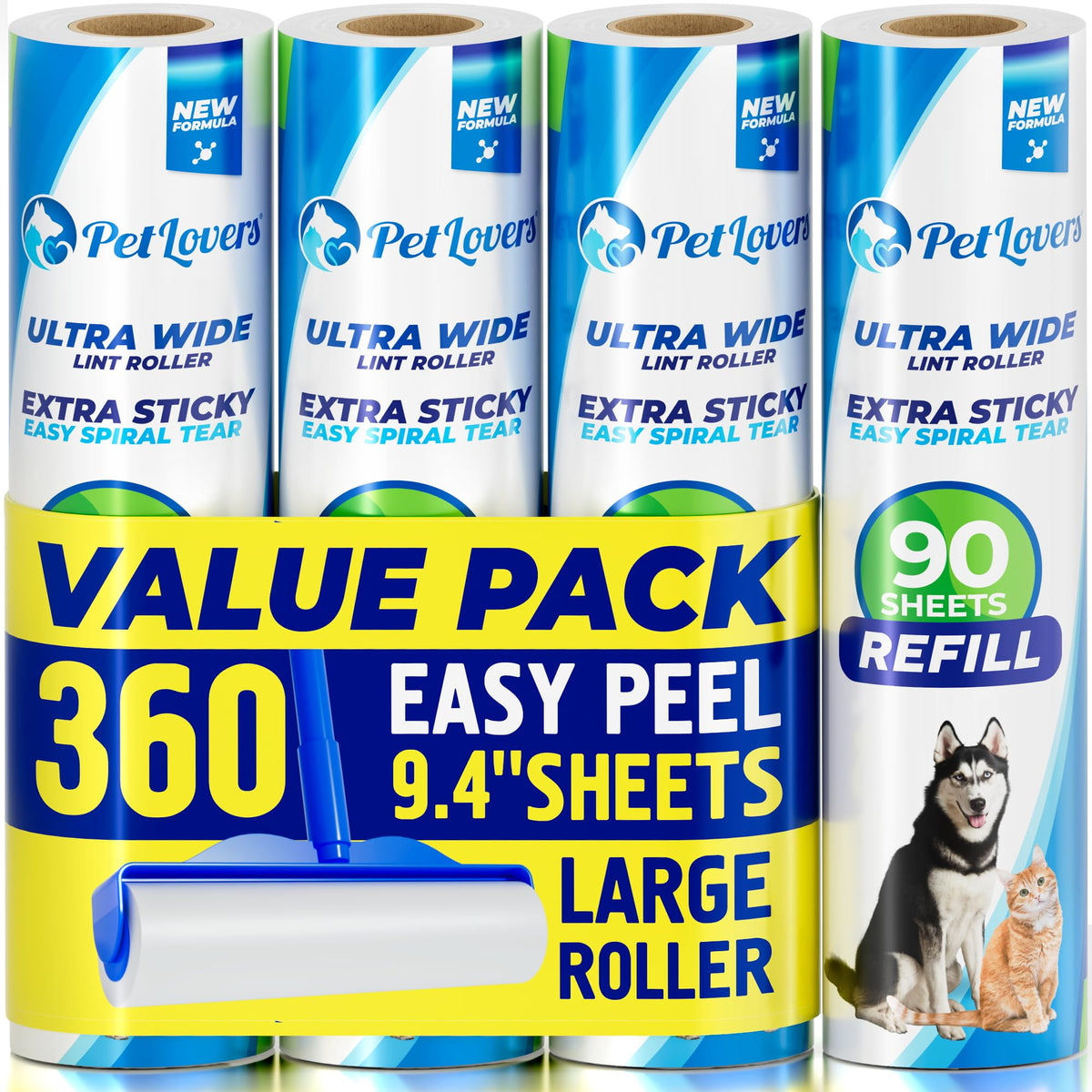 PetLovers Extra Sticky Lint Roller Value Set 270 Sheets for Pet Hair Removal and Clothes, Dog and Cat Lint Remover, 3 Pack