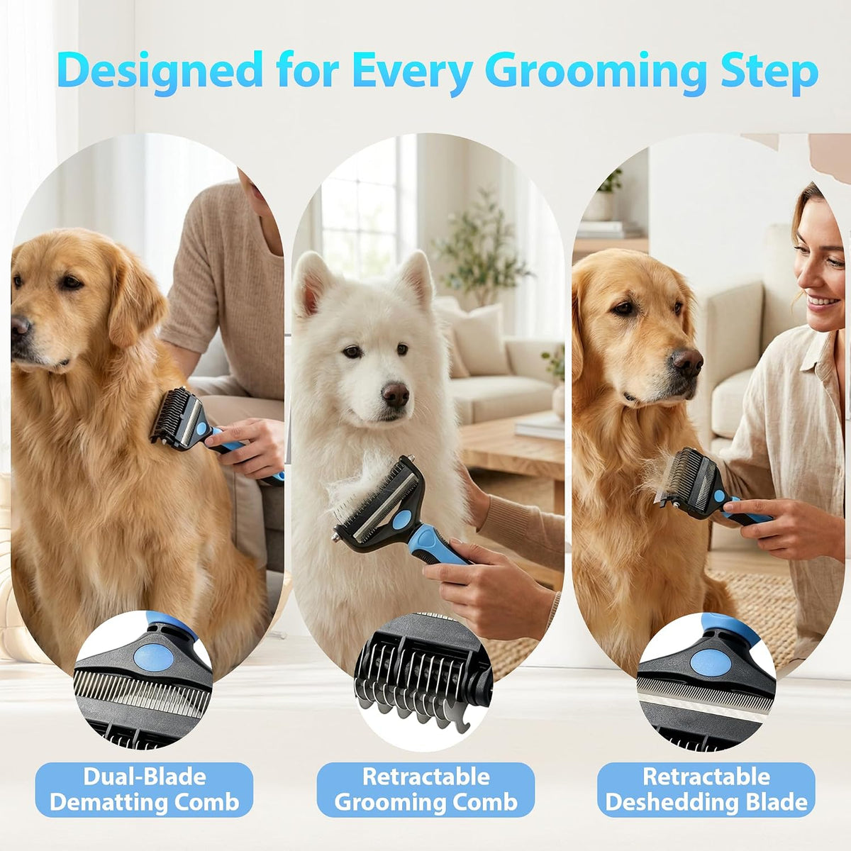 3-in-1 Grooming Brush: Skin-Safe Dematting Rake for Dogs & Cats