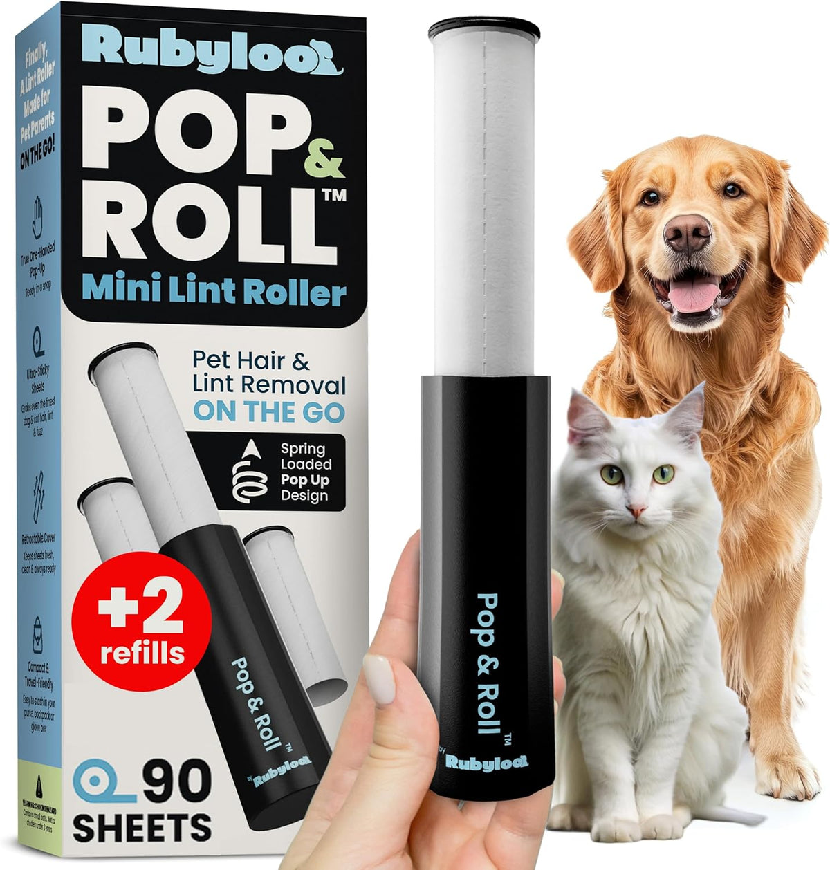 Retractable Mini Lint Roller for Pet Hair, 90 Sheets, 1 Pack + 2 Refills
