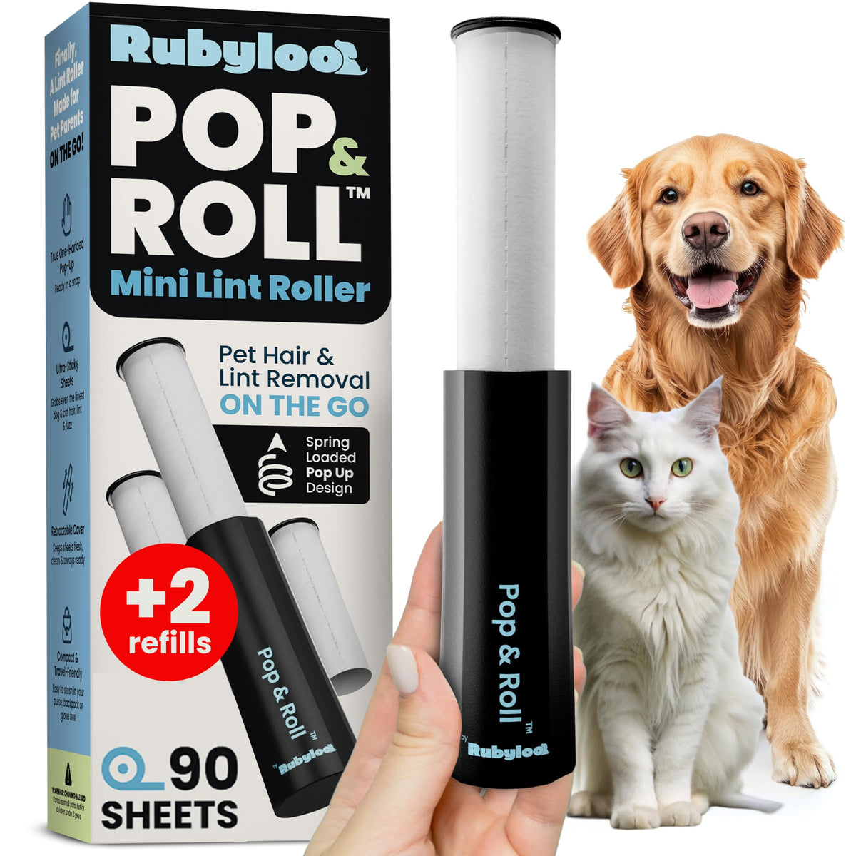 Retractable Mini Lint Roller for Pet Hair, 90 Sheets, 1 Pack + 2 Refills