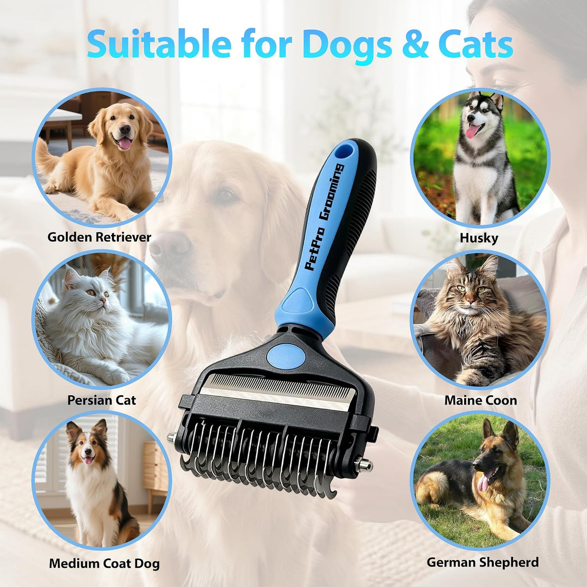 3-in-1 Grooming Brush: Skin-Safe Dematting Rake for Dogs & Cats