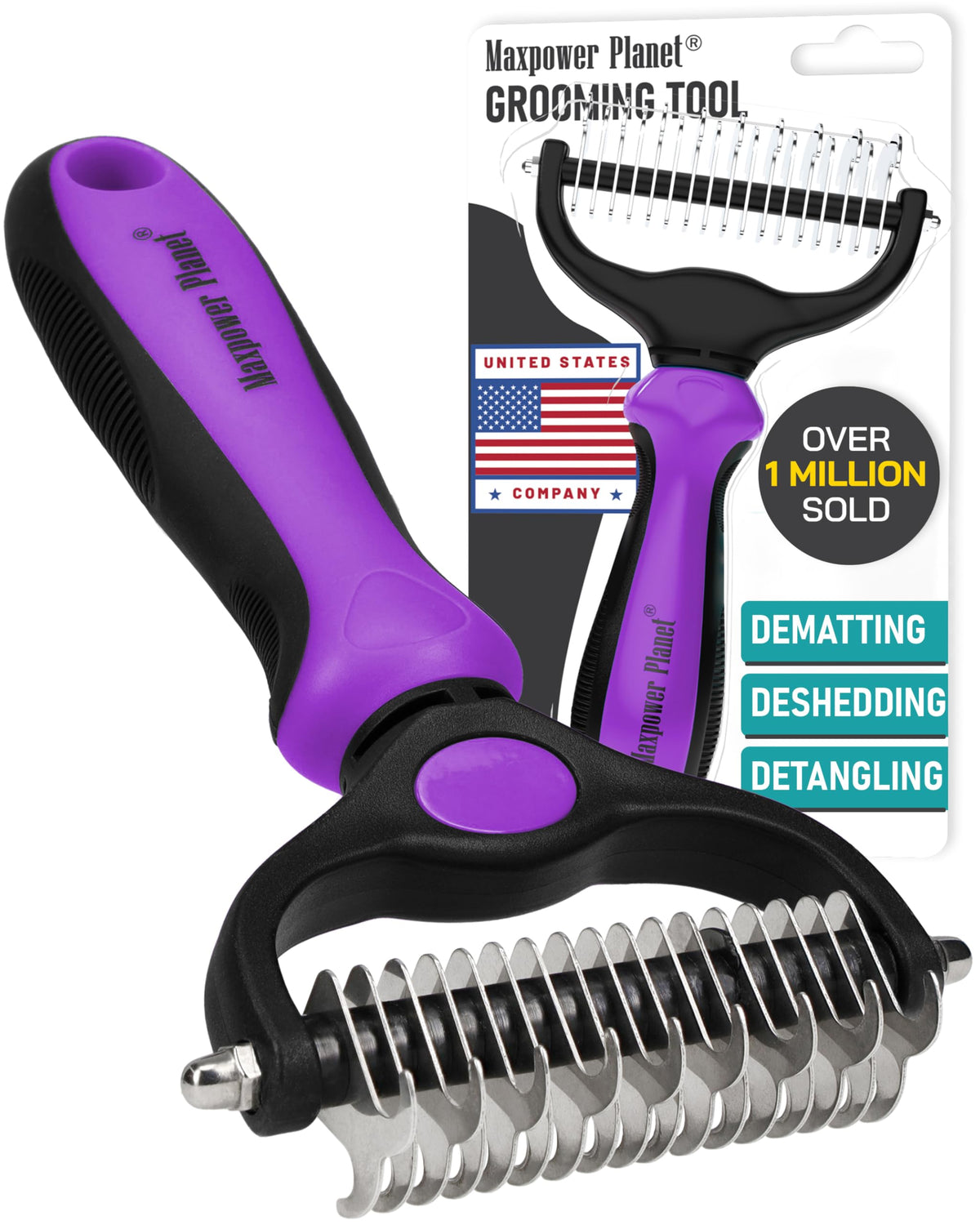 Maxpower Planet Hair Brush - Double Sided Shedding, Dematting Undercoat Rake for Dogs and Cats, Extra Wide Dog Grooming Brush, Reduce Shedding by 95%, Black
