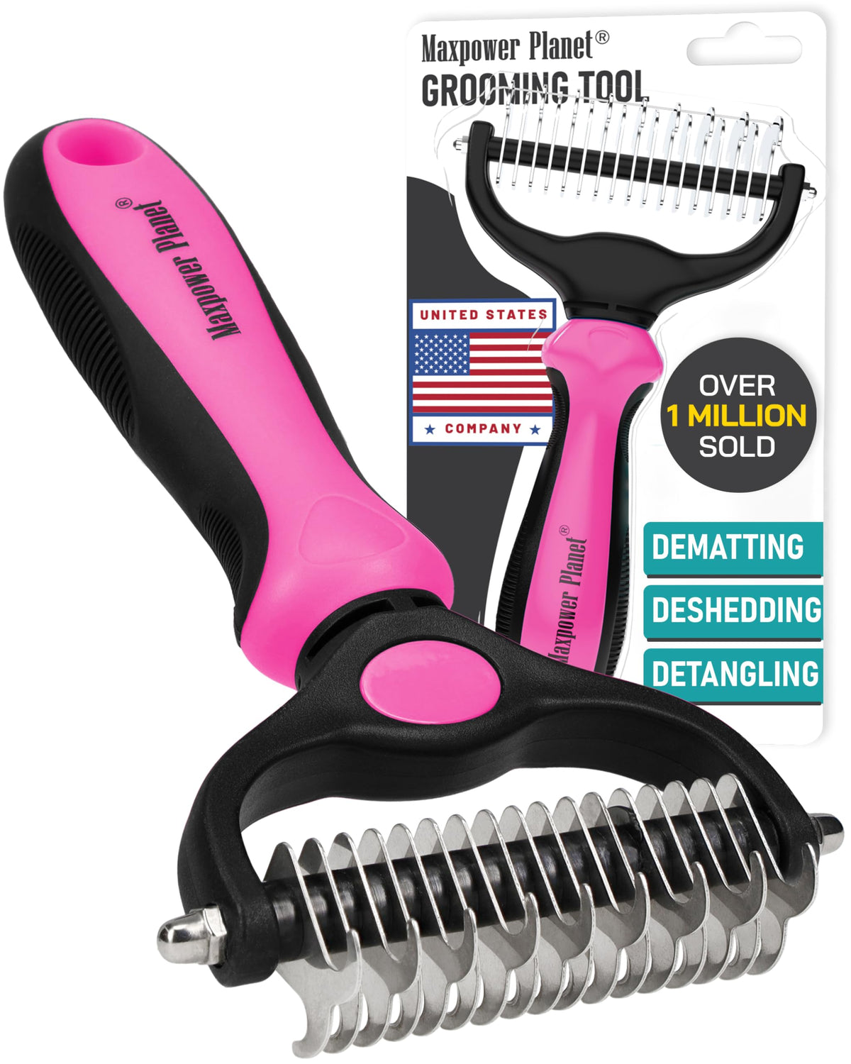 Maxpower Planet Hair Brush - Double Sided Shedding, Dematting Undercoat Rake for Dogs and Cats, Extra Wide Dog Grooming Brush, Reduce Shedding by 95%, Black