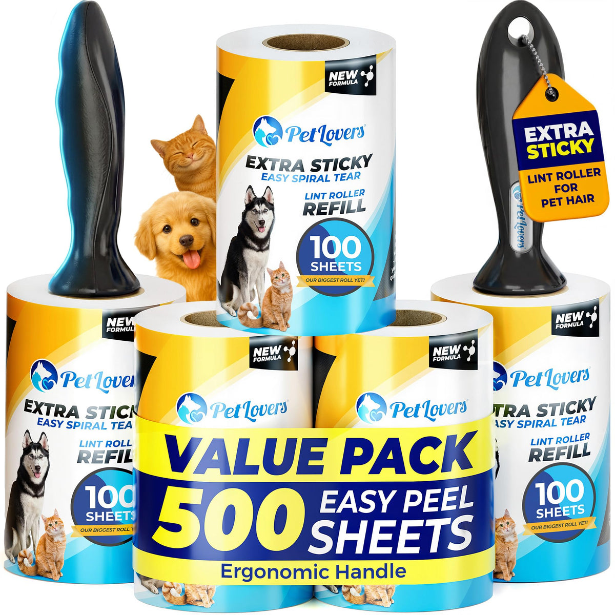 PetLovers Extra Sticky Lint Roller Ultimate Value Set 400 Sheets for Pet Hair Removal, Dog and Cat Lint Remover 4 Pack
