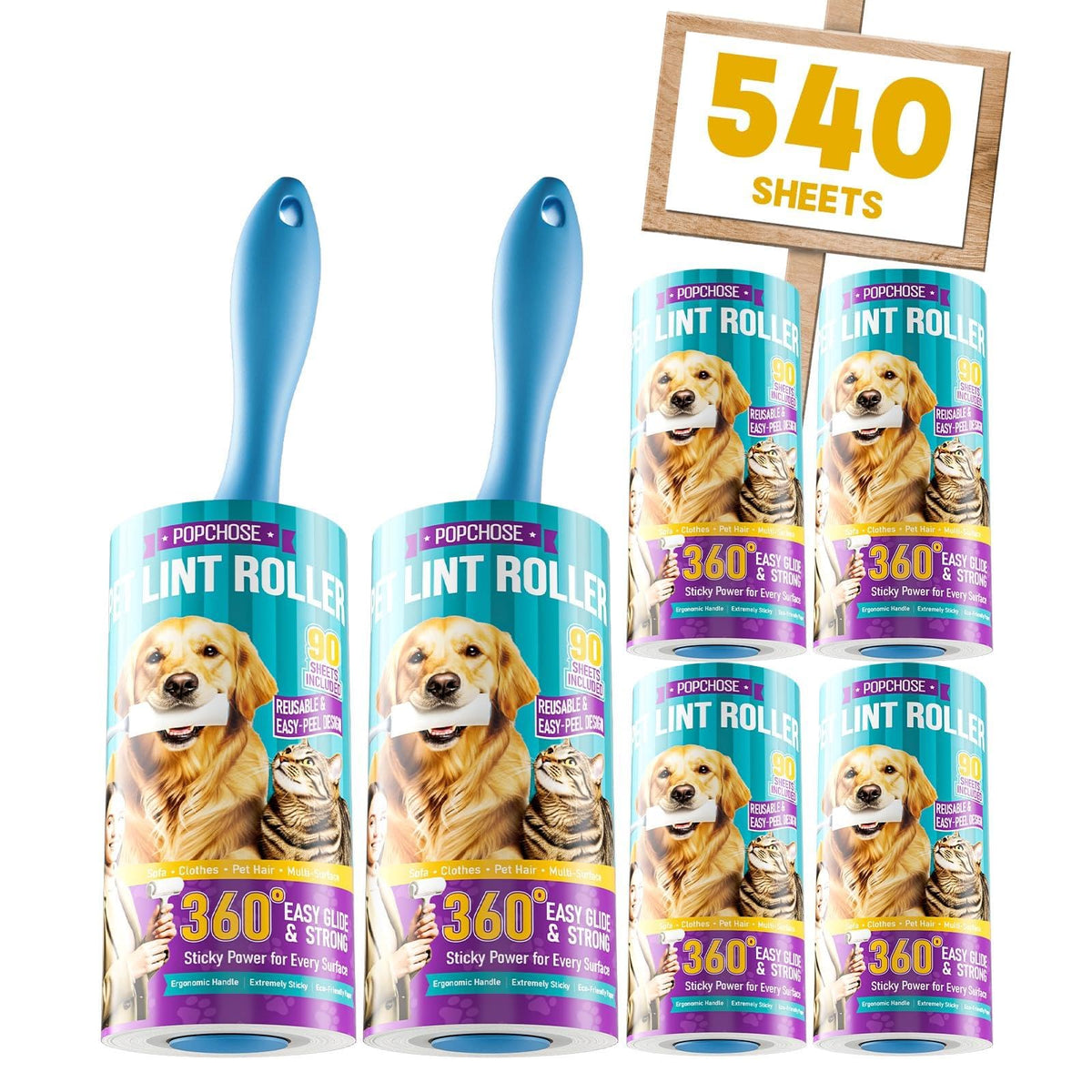 POPCHOSE Lint Roller for Pet Hair Extra Sticky, 540 Sheets with 2 Handles