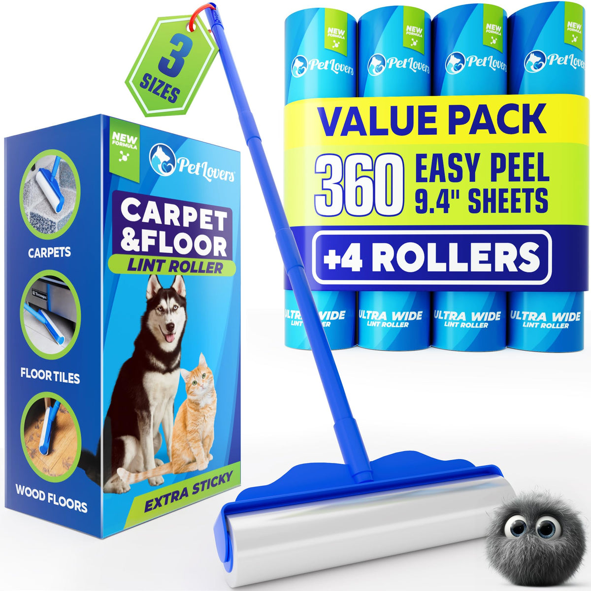 PetLovers Extra Sticky Lint Roller Value Set 270 Sheets for Pet Hair Removal and Clothes, Dog and Cat Lint Remover, 3 Pack