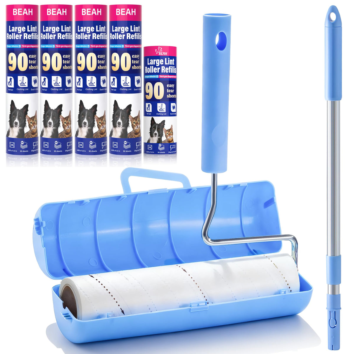 BEAH Large Lint Roller for Pet Hair Extra Sticky,9.45''Pet Hair Removal Tool Roller for Pet Dog Cat Hair (1 Roller+4 Long Rolls 1 Short roll)