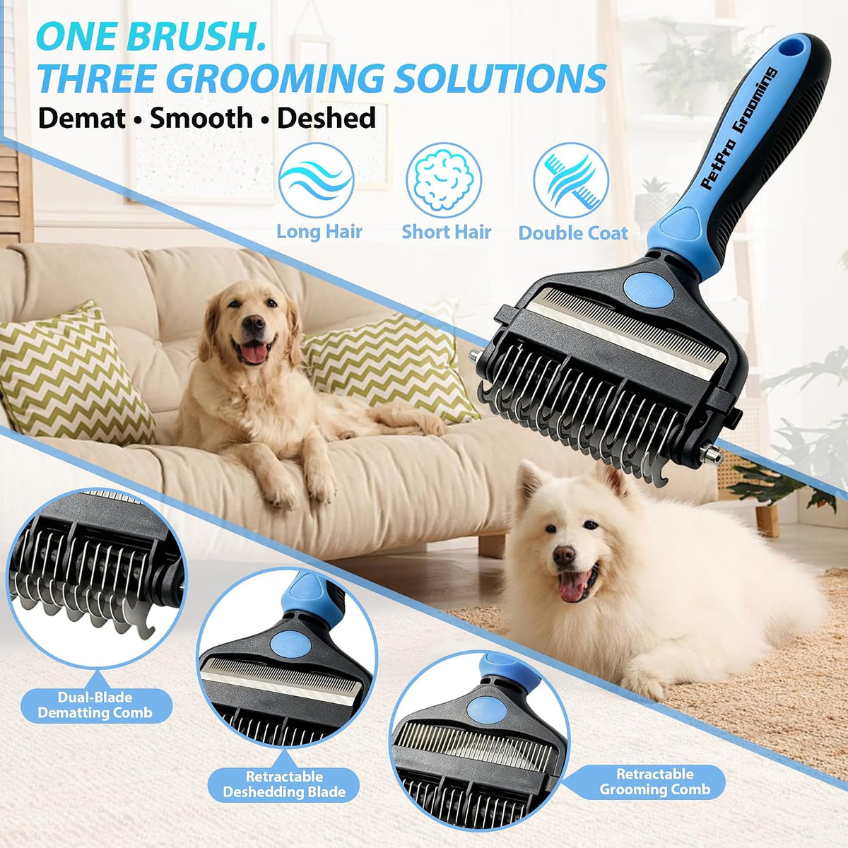 3-in-1 Grooming Brush: Skin-Safe Dematting Rake for Dogs & Cats