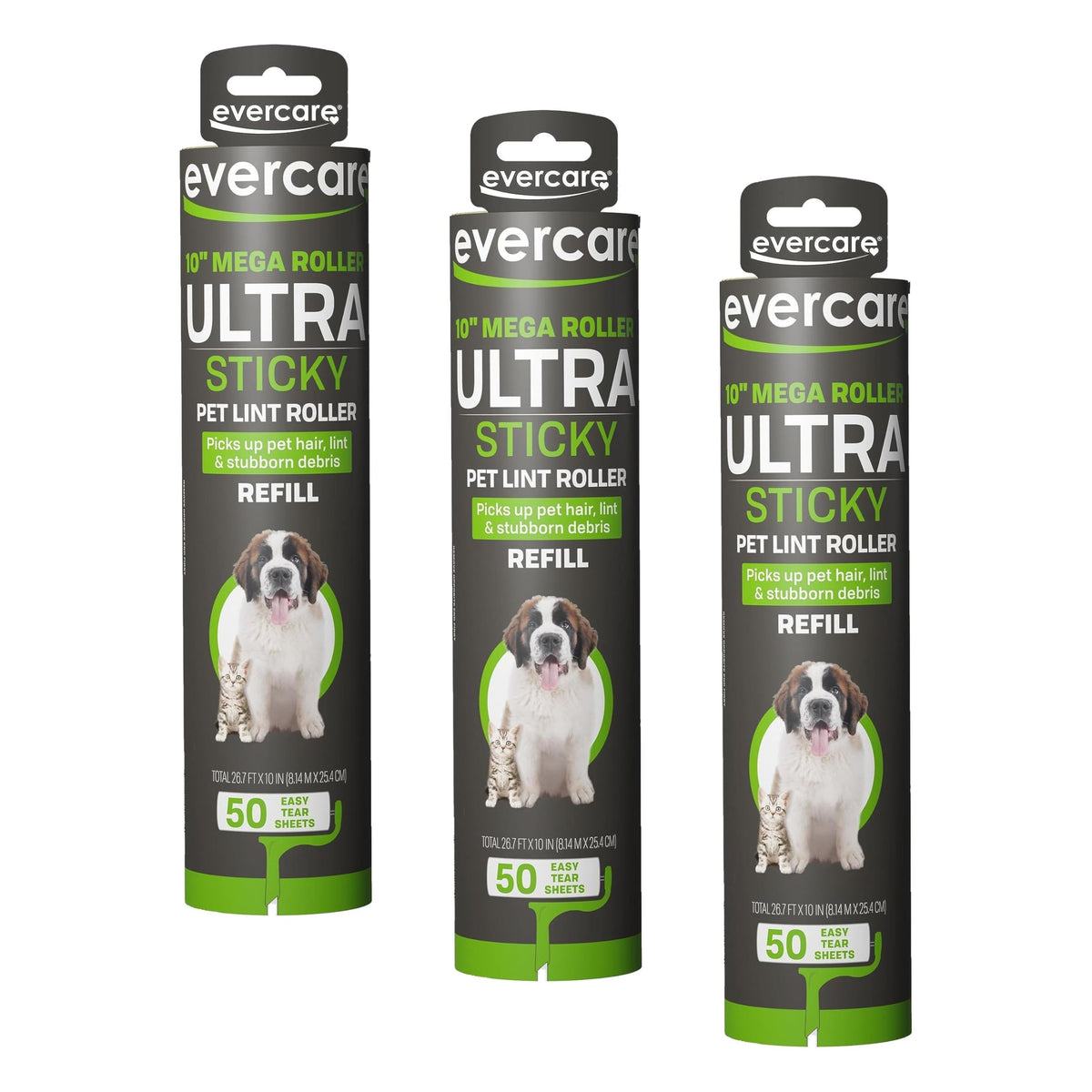 Evercare Ultra Sticky Pet Mega Lint Roller Value Pack, Manual Clothes & Furniture Cleaner with Handle and 2 Refills, 50 Sheets Each