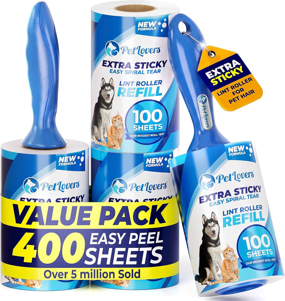 PetLovers Extra Sticky Lint Roller Ultimate Value Set 400 Sheets for Pet Hair Removal, Dog and Cat Lint Remover 4 Pack