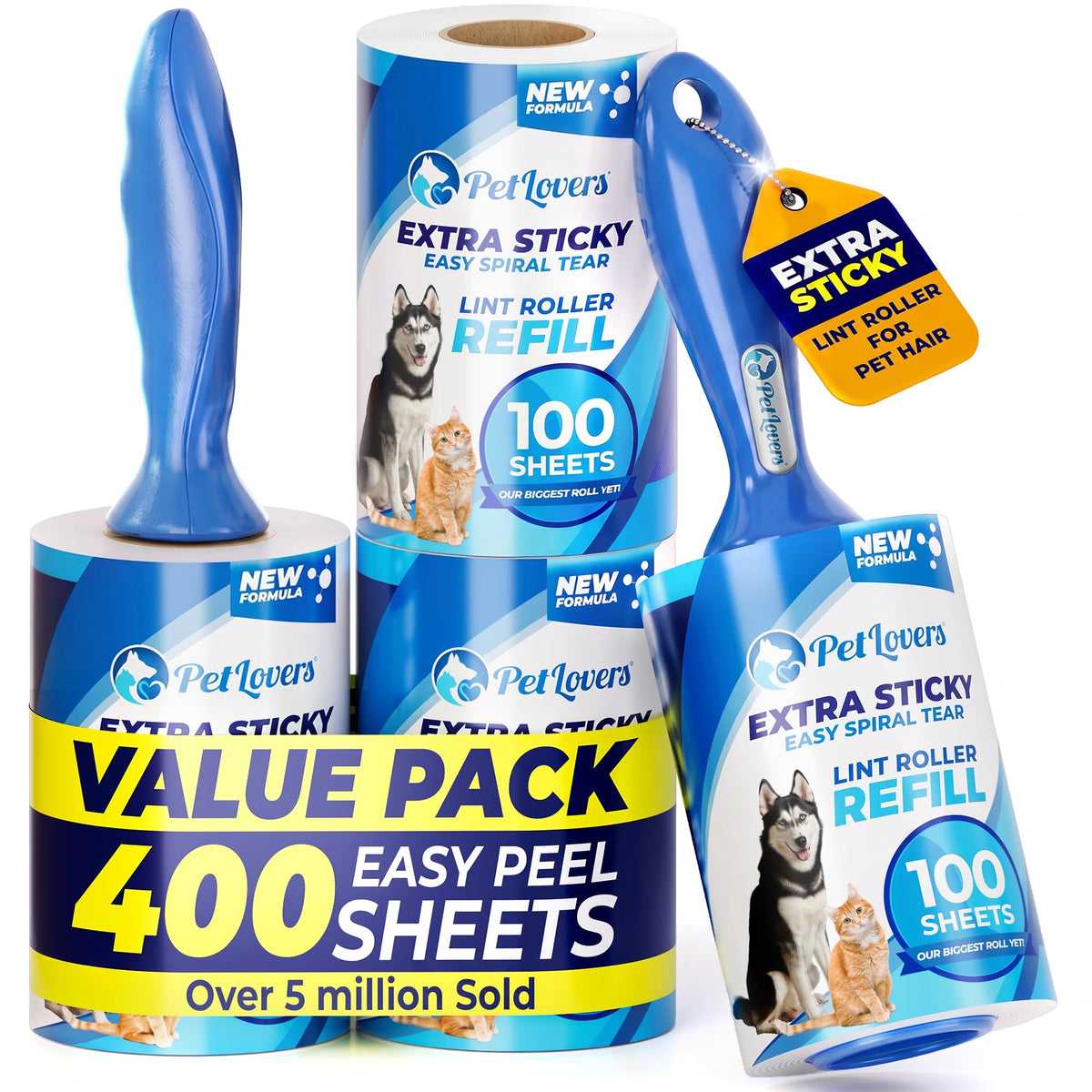 PetLovers Extra Sticky Lint Roller Ultimate Value Set 400 Sheets for Pet Hair Removal, Dog and Cat Lint Remover 4 Pack