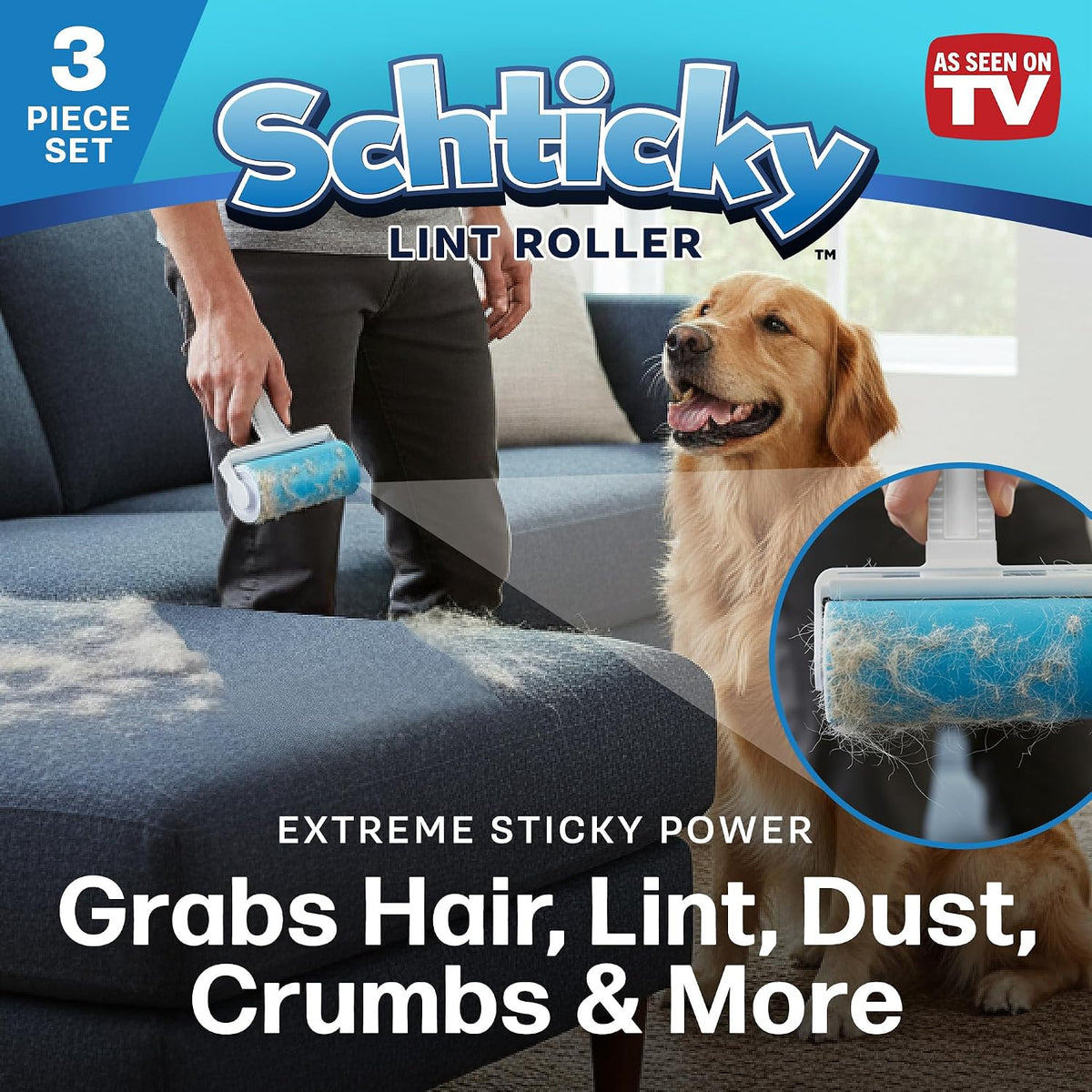 Schticky 3-Piece Lint Roller Set, Reusable & Washable, Pet Hair Remover