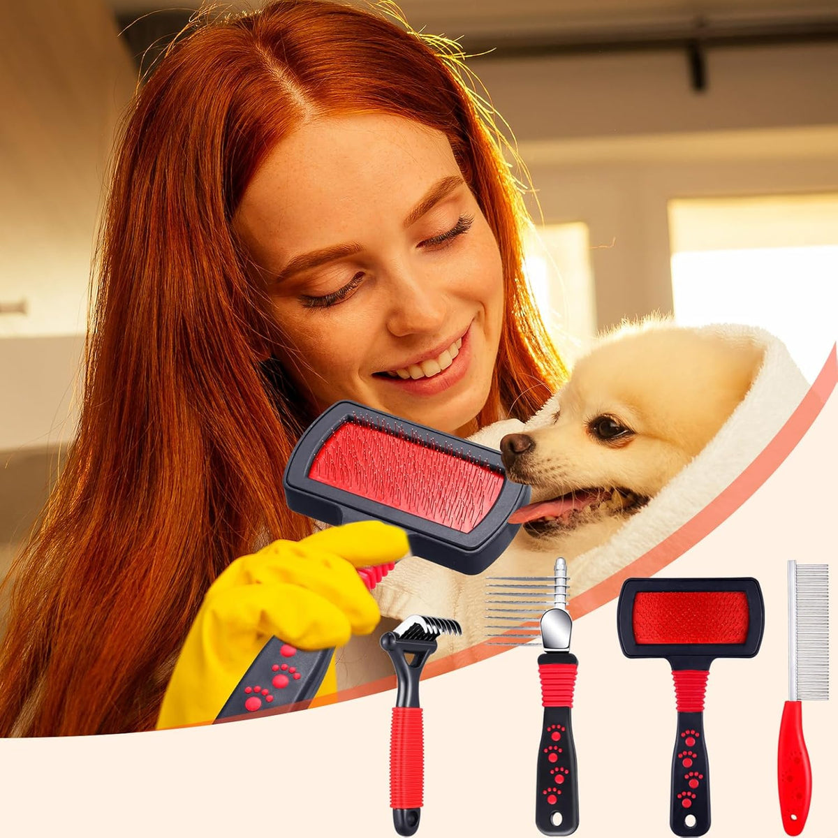 Patelai 4 Pcs Dog Dematting Comb, Red and Black Classic Grooming Set