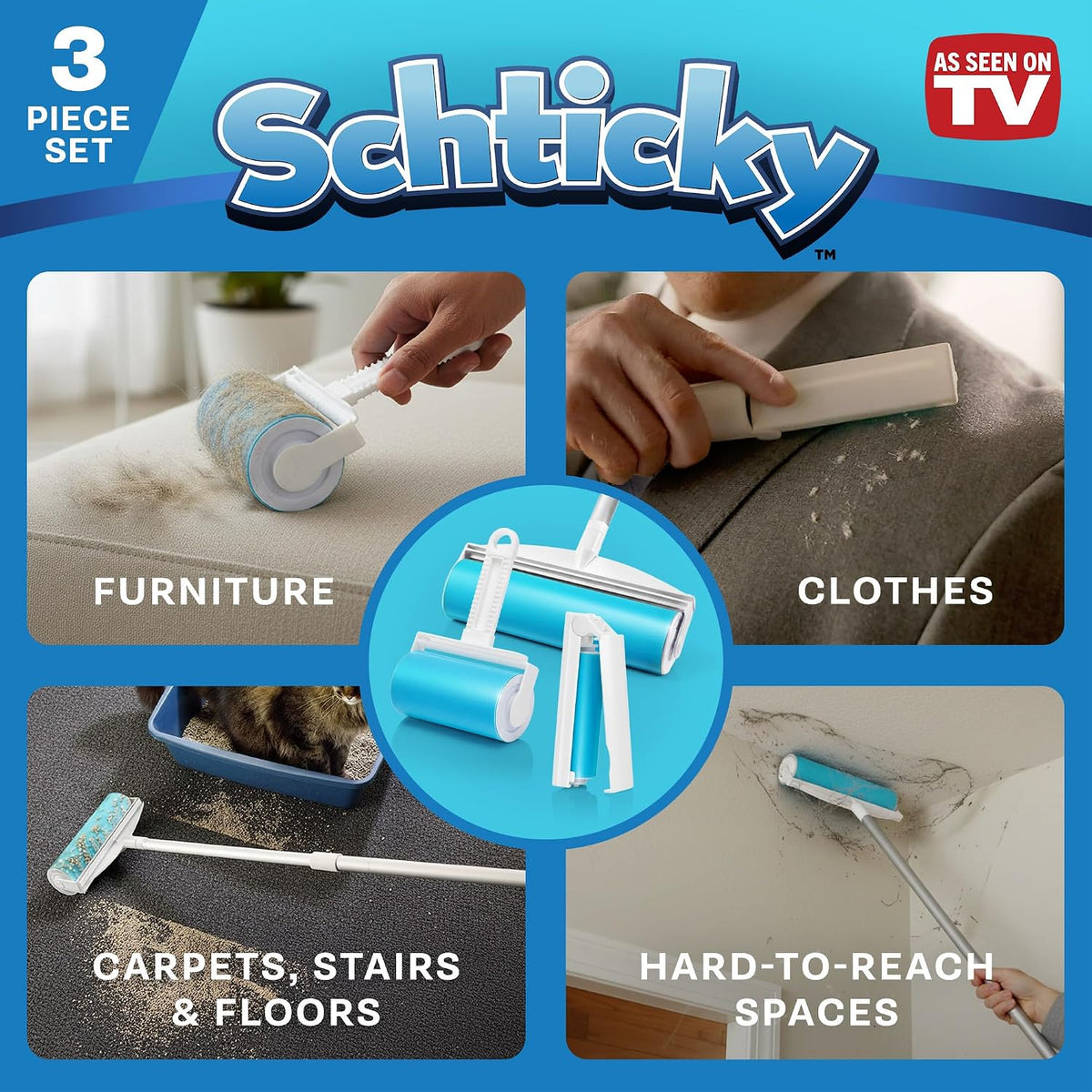 Schticky 3-Piece Lint Roller Set, Reusable & Washable, Pet Hair Remover