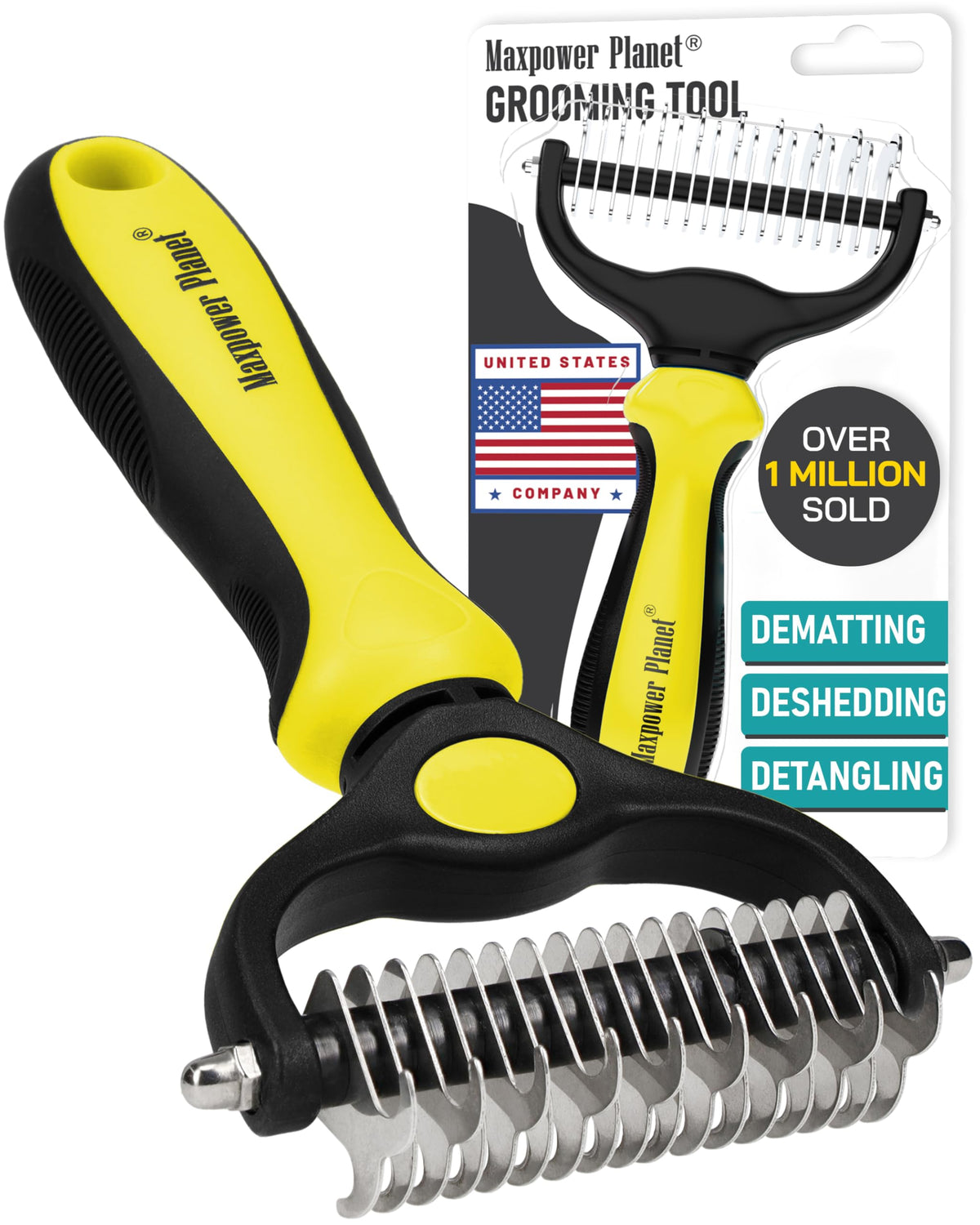 Maxpower Planet Hair Brush - Double Sided Shedding, Dematting Undercoat Rake for Dogs and Cats, Extra Wide Dog Grooming Brush, Reduce Shedding by 95%, Black
