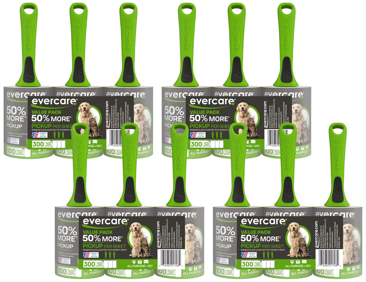 Evercare Pet Hair Lint Rollers All Purpose Use 100 Easy-Tear Sheets Per Roll Reusable Sticky Roller Pets Cat & Dog Hair Remover Contoured Handle For Furniture Clothing & Cars, Set of 3, Green