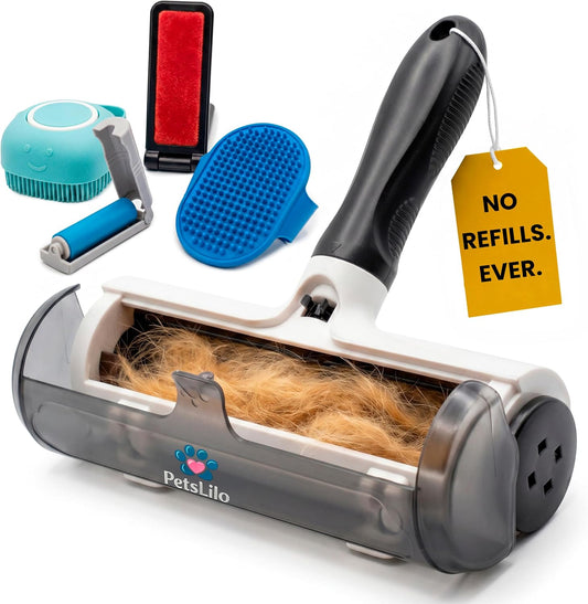 5-in-1 Kit Pet Hair Remover for Furniture & Couch - Reusable Lint Roller, Dog & Cat Fur Remover for Carpet, Car & Clothes, Mini Travel Roller, Grooming & Bath Brush Set for Sofa, Upholstery & Bedding