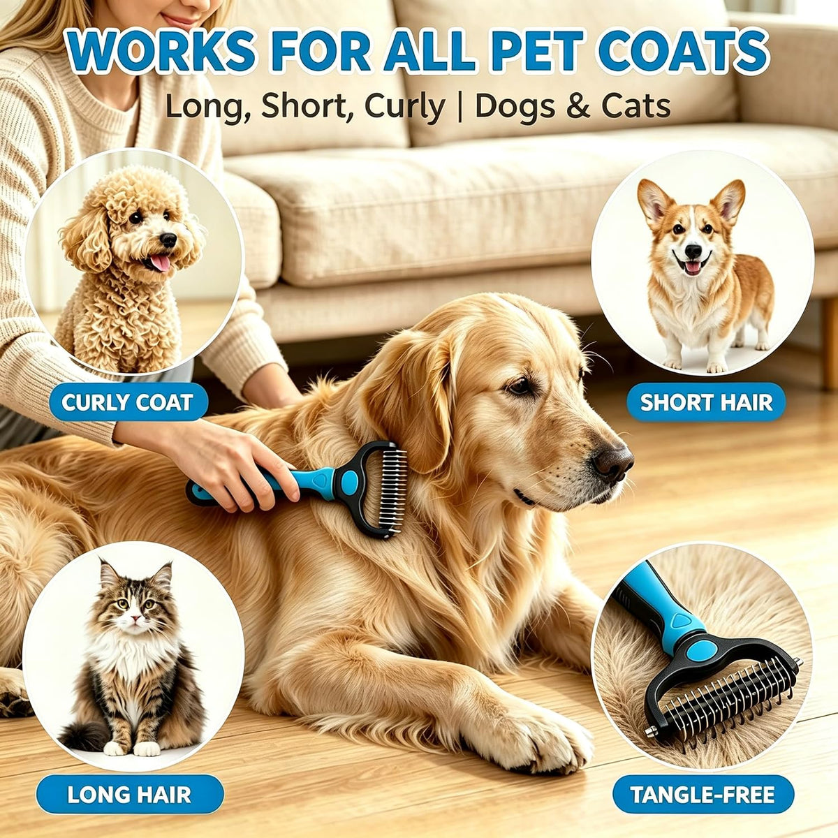 2 in 1 Double Sided Dematting Comb for Cats & Dogs, Deshedding Dog Brush, Pet Shedding Remover Rounded-Tooth Tool For Painlessly Removing Knots And Loose Hair (Blue 2)