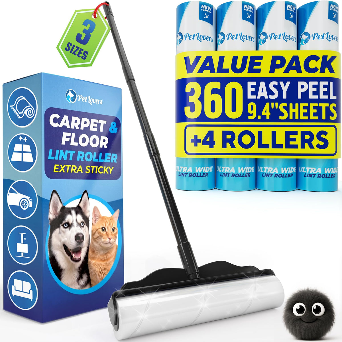 PetLovers Extra Sticky Lint Roller Value Set 270 Sheets for Pet Hair Removal and Clothes, Dog and Cat Lint Remover, 3 Pack