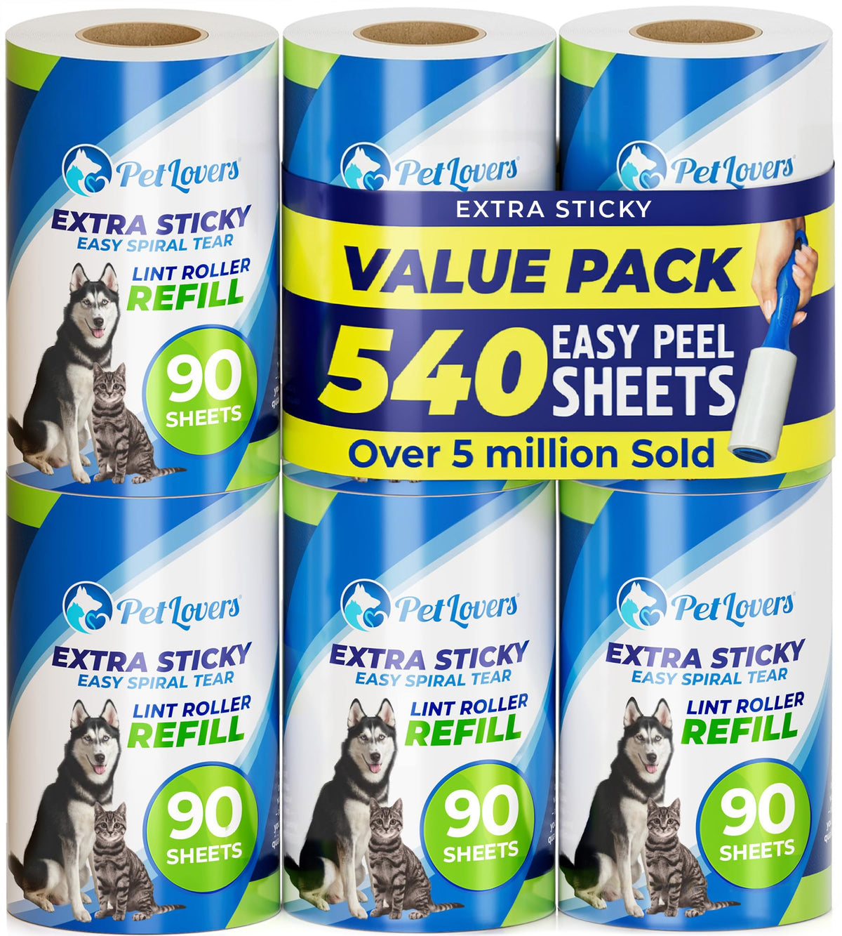 PetLovers Extra Sticky Lint Roller Value Set 270 Sheets for Pet Hair Removal and Clothes, Dog and Cat Lint Remover, 3 Pack