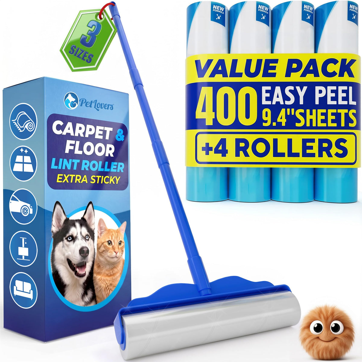 PetLovers Extra Sticky Lint Roller Ultimate Value Set 400 Sheets for Pet Hair Removal, Dog and Cat Lint Remover 4 Pack