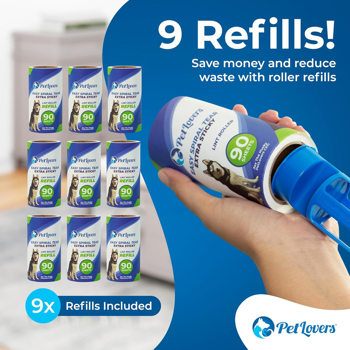 PetLovers Extra Sticky Lint Rollers and Refills - 990 Sheets, Dog and Cat Lint Remover, 9 Packs of Refills