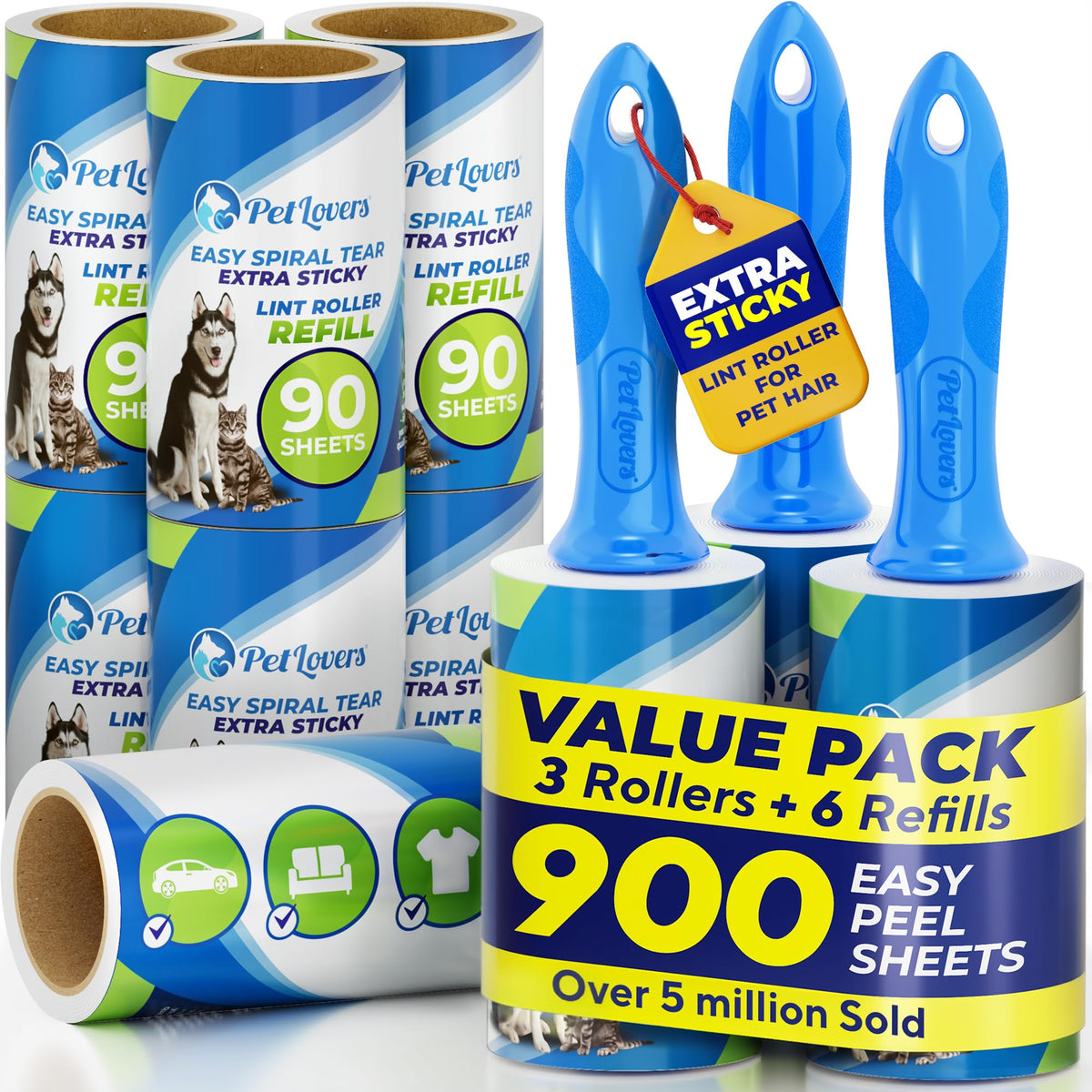 PetLovers Extra Sticky Lint Roller Value Set 270 Sheets for Pet Hair Removal and Clothes, Dog and Cat Lint Remover, 3 Pack