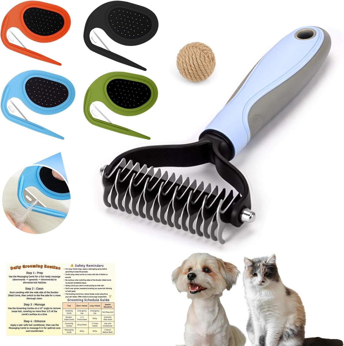 Cat & Dog Grooming Kit - Matted Fur Remover for Cats, Includes 4 Knotting Combs & 1 Pet Grooming Brush, Safe Cat Grooming Comb Set for Detangling