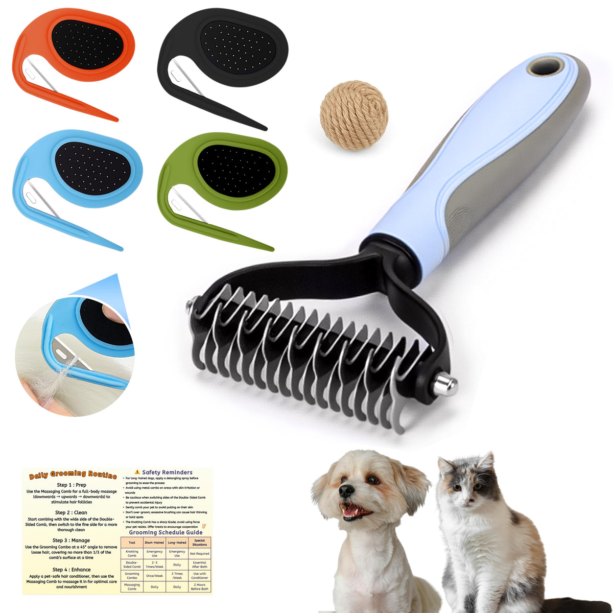 Cat & Dog Grooming Kit - Matted Fur Remover for Cats, Includes 4 Knotting Combs & 1 Pet Grooming Brush, Safe Cat Grooming Comb Set for Detangling