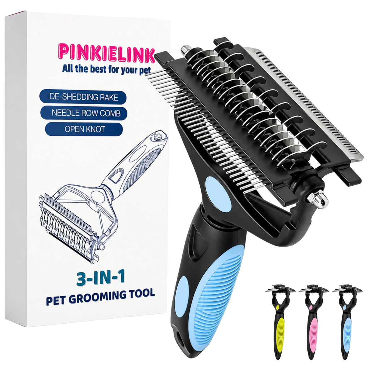 3-IN-1 Pet Grooming Tool - Undercoat Rake, Dematting Comb & Deshedding Brush for Cats, Dogs, Horses - Removes Mats, Tangles & Loose Fur, Reduces Shedding & Prevents Hair Mess (Blue)