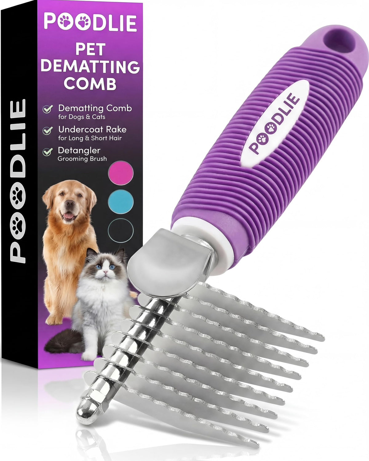 Poodle Grooming Comb - Metal Dematting Comb with Long & Short Stainless Steel Teeth for Removing Matted Hair & Knots, Safe and Gentle for Dogs & Cats (Green)