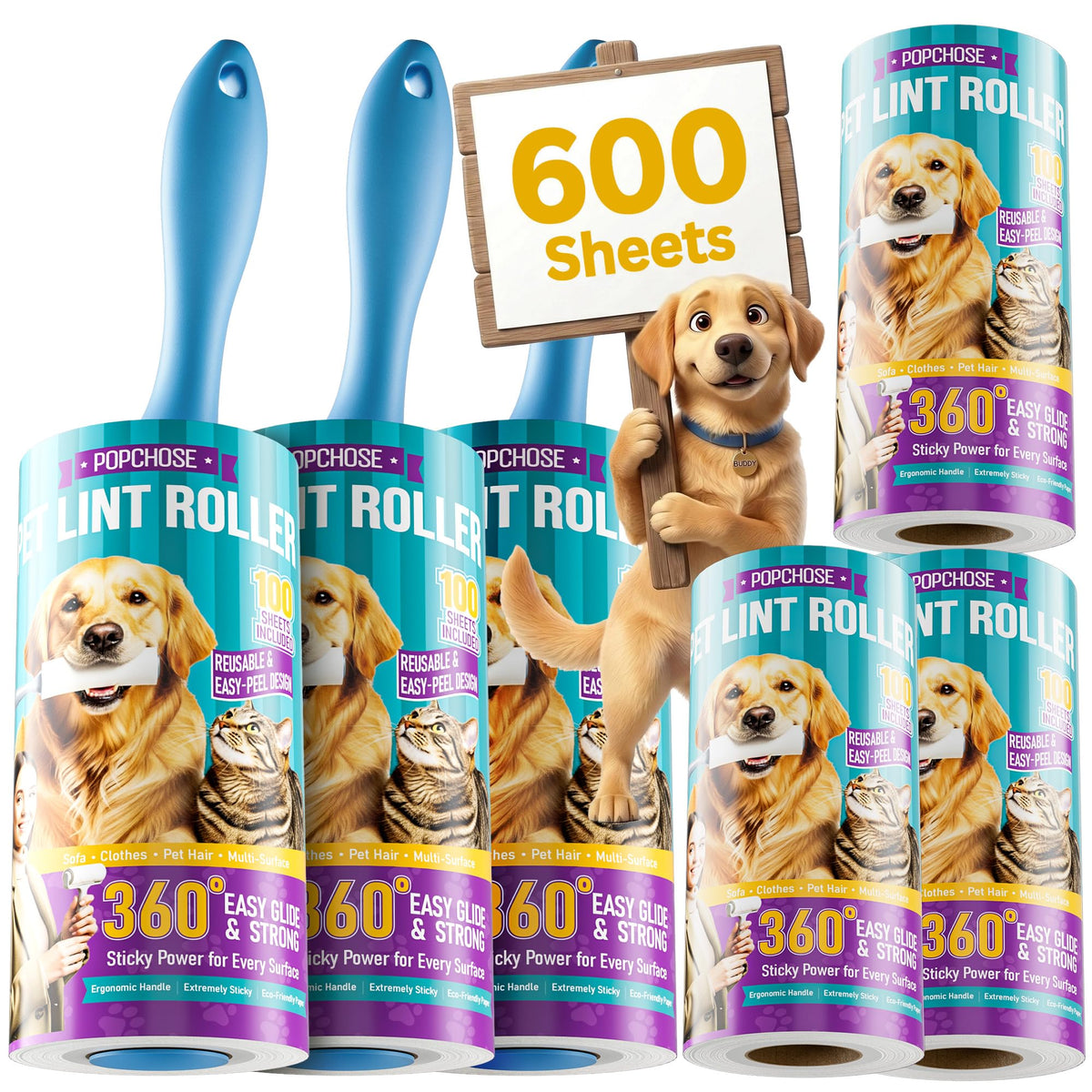 POPCHOSE Lint Roller for Pet Hair Extra Sticky, 540 Sheets with 2 Handles