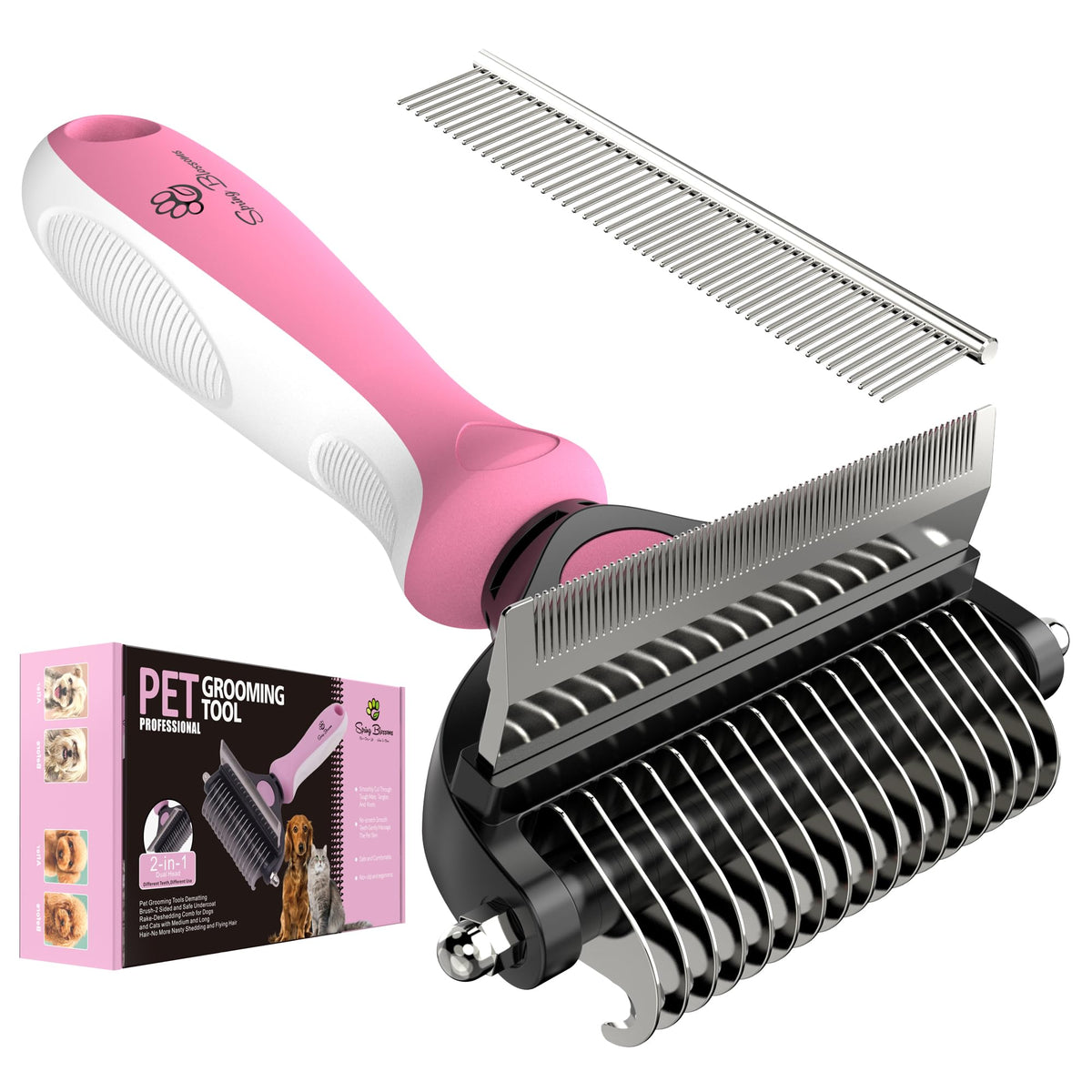 Spring Blossoms-2 in 1 Professional Grooming Rake for Cats & Dogs-Dematting Comb for Easy Mats & Tangles Removing,Pet Brush Safe No More Nasty Shedding and Flying Hair (Orange)
