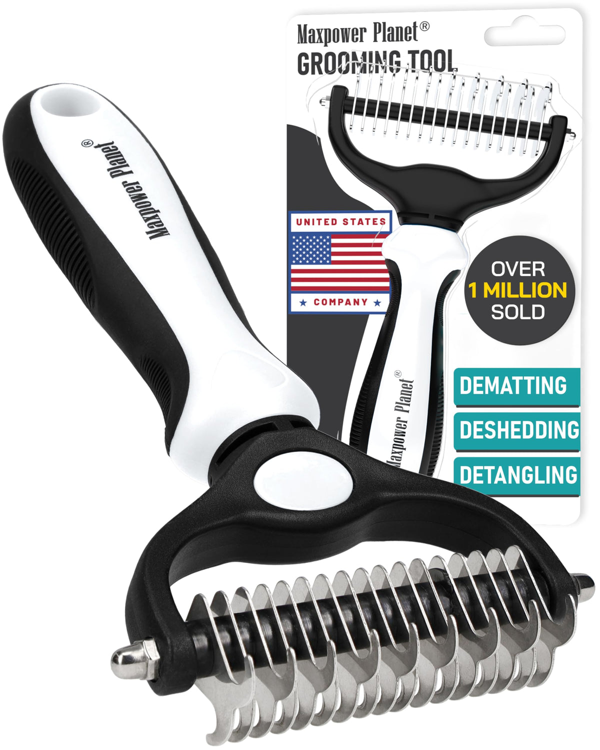 Maxpower Planet Hair Brush - Double Sided Shedding, Dematting Undercoat Rake for Dogs and Cats, Extra Wide Dog Grooming Brush, Reduce Shedding by 95%, Black