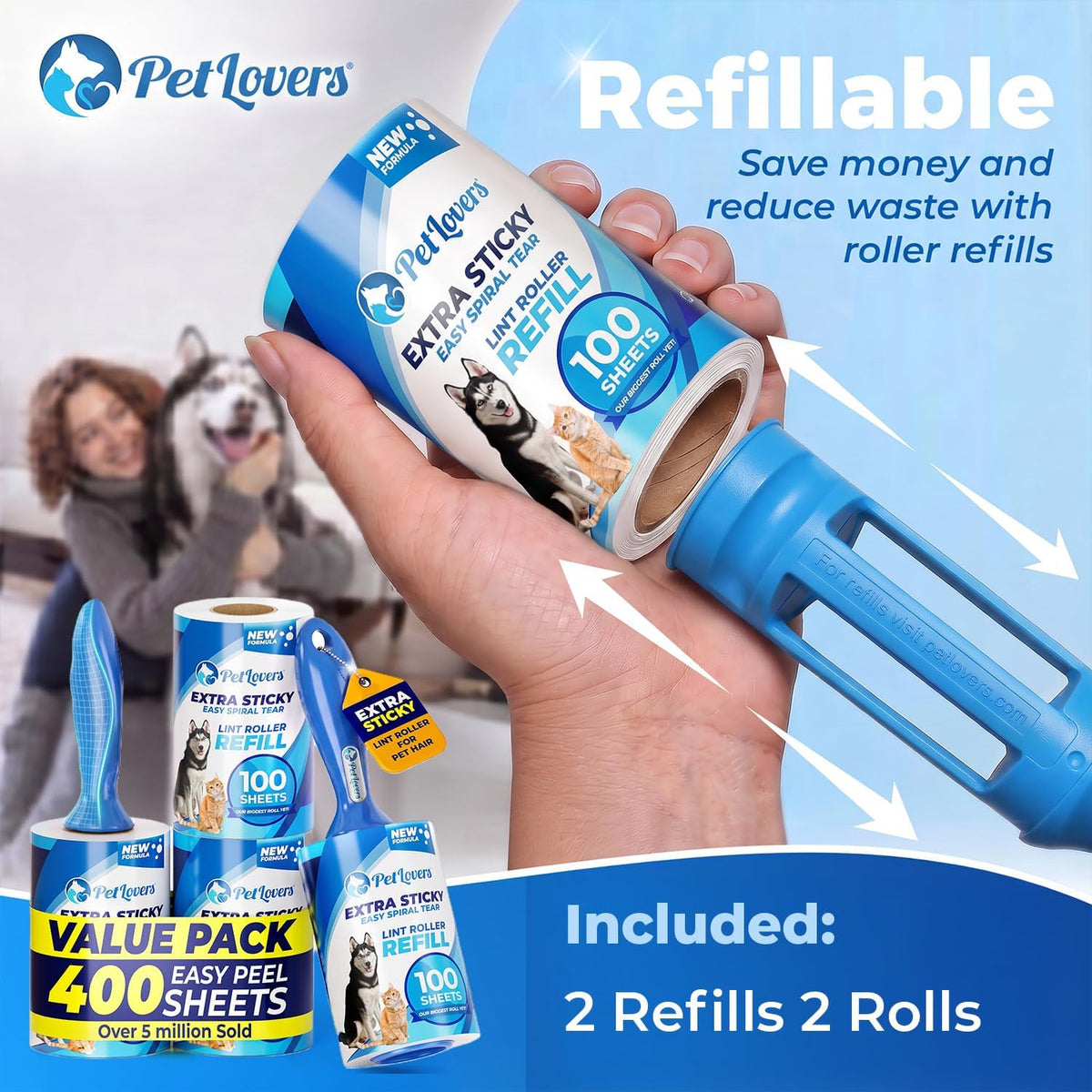PetLovers Extra Sticky Lint Roller Ultimate Value Set 400 Sheets for Pet Hair Removal, Dog and Cat Lint Remover 4 Pack