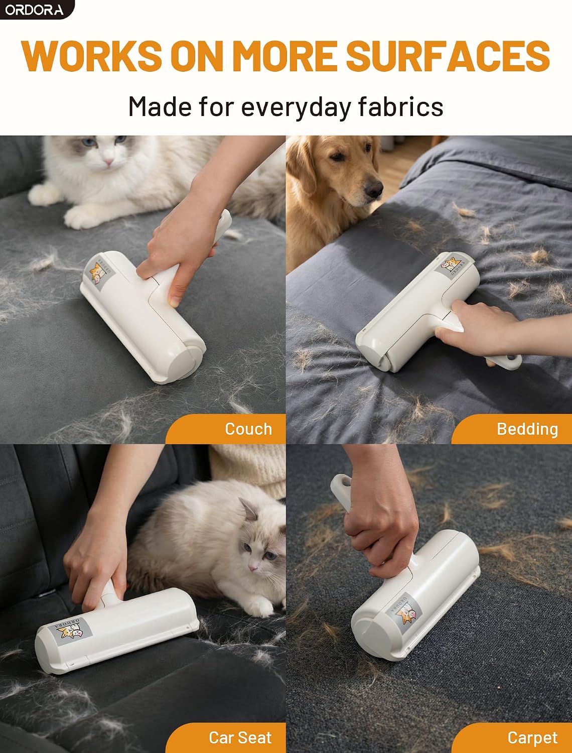 ORDORA Pet Hair Remover Roller, Reusable Lint Roller for Dog and Cat Hair