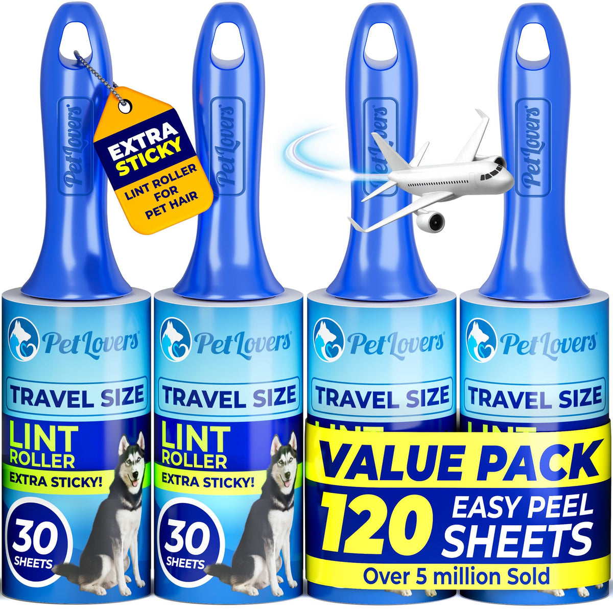 PetLovers Extra Sticky Lint Roller Value Set 270 Sheets for Pet Hair Removal and Clothes, Dog and Cat Lint Remover, 3 Pack