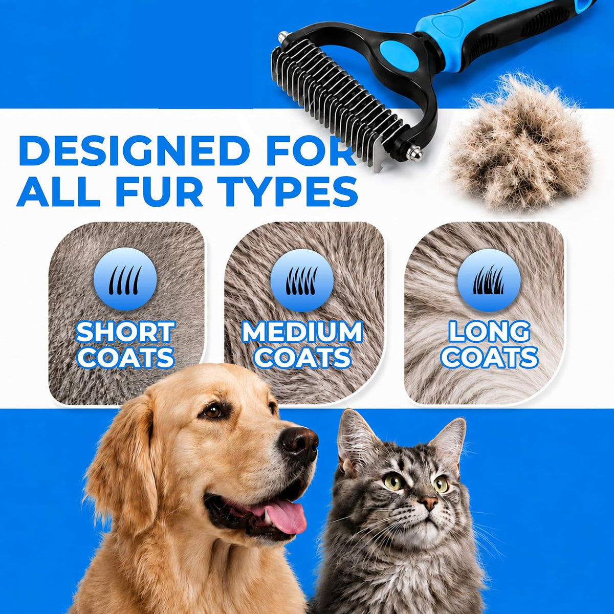 2-in-1 Double-Sided Pet Grooming Comb for Dogs & Cats - Deshedding Brush & Rounded-Tooth Dematting Tool | Painlessly Removes Knots, Tangles, Loose Undercoat & Fur in Thick/Long Coats (Blue-Large)
