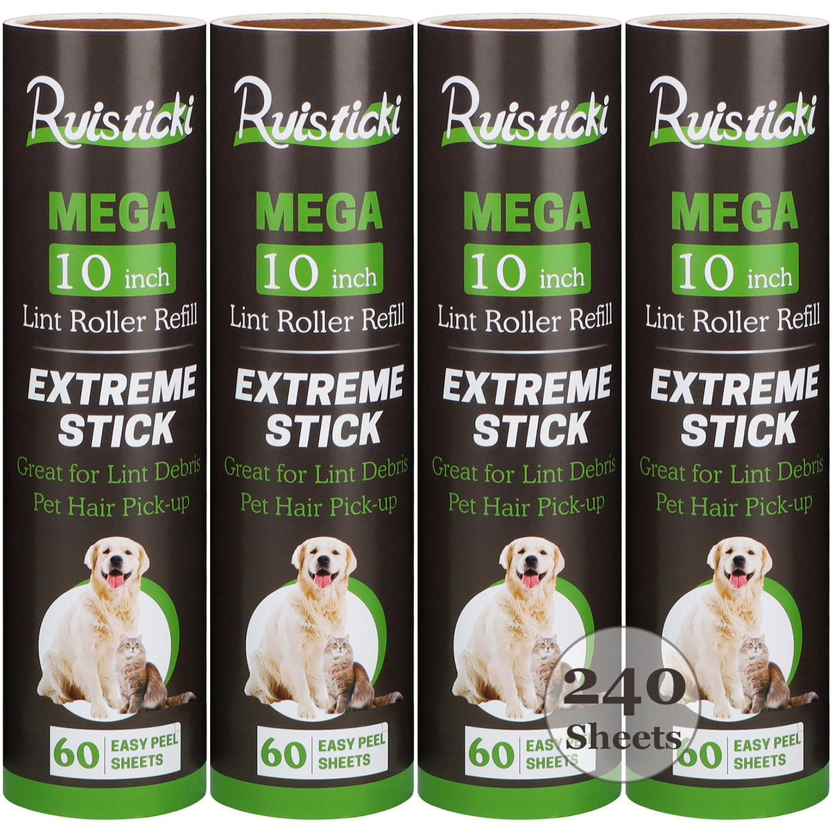 10 inch Lint Roller Refill Compatible with Large Mega 10 in Wide Lint Rollers, Pack of 4 Refills, 60 Sheets per Refill, Total 240 Extreme Stick Sheets