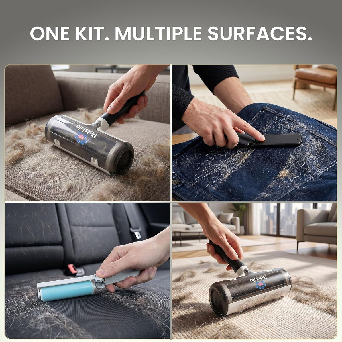 5-in-1 Kit Pet Hair Remover for Furniture & Couch - Reusable Lint Roller, Dog & Cat Fur Remover for Carpet, Car & Clothes, Mini Travel Roller, Grooming & Bath Brush Set for Sofa, Upholstery & Bedding