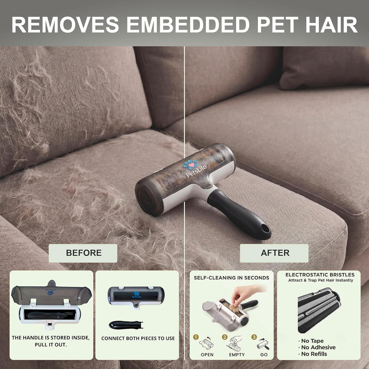 5-in-1 Kit Pet Hair Remover for Furniture & Couch - Reusable Lint Roller, Dog & Cat Fur Remover for Carpet, Car & Clothes, Mini Travel Roller, Grooming & Bath Brush Set for Sofa, Upholstery & Bedding