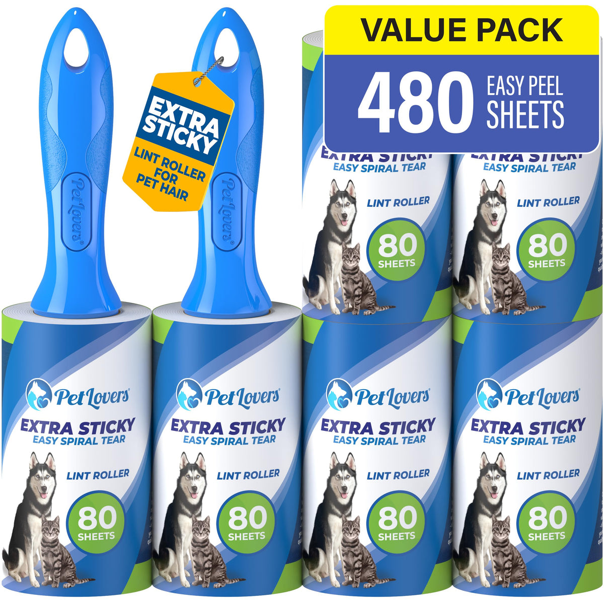 PetLovers Lint Rollers for Pet Hair Extra Sticky 6 Pack - Lint Remover for Clothes